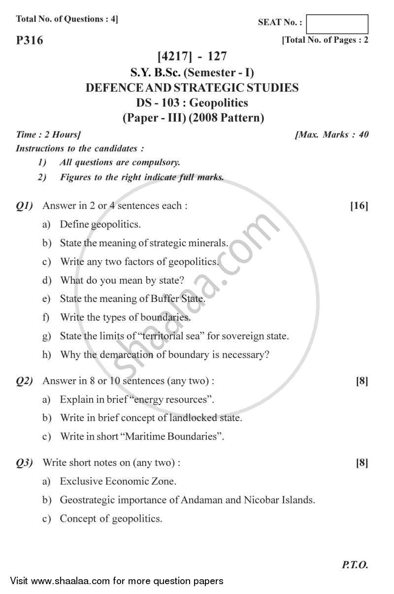 Geopolitics 2012-2013 - B.Sc. - Semester 3 (SYBSc) - University of Pune question paper with PDF download