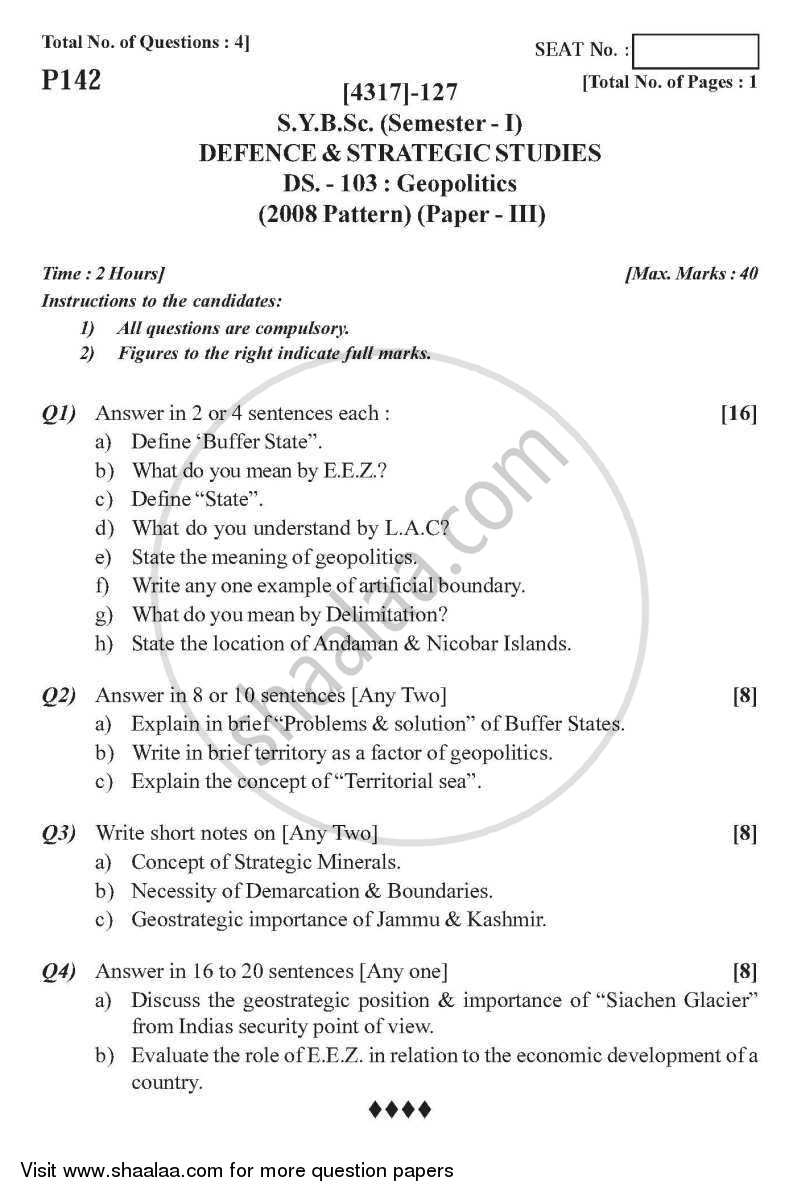 Geopolitics 2013-2014 - B.Sc. - Semester 3 (SYBSc) - University of Pune question paper with PDF download