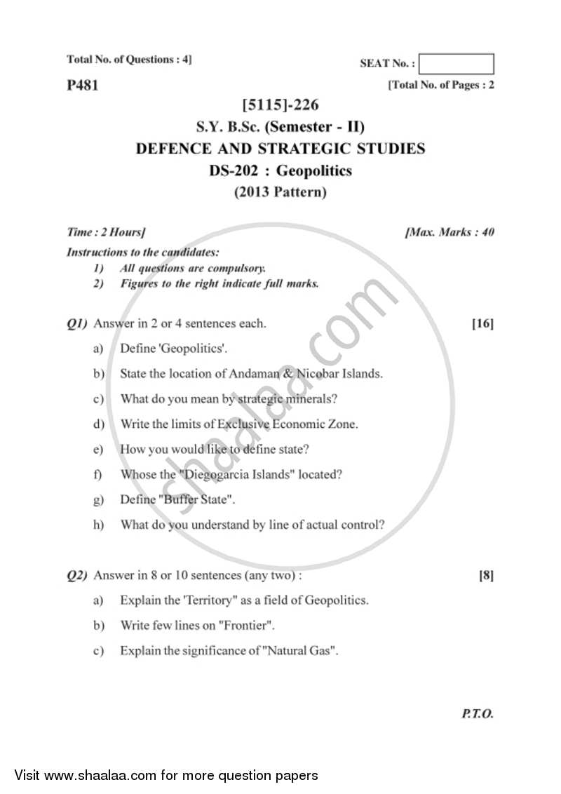 Geopolitics 2016-2017 - B.Sc. - Semester 4 (SYBSc) - University of Pune question paper with PDF download
