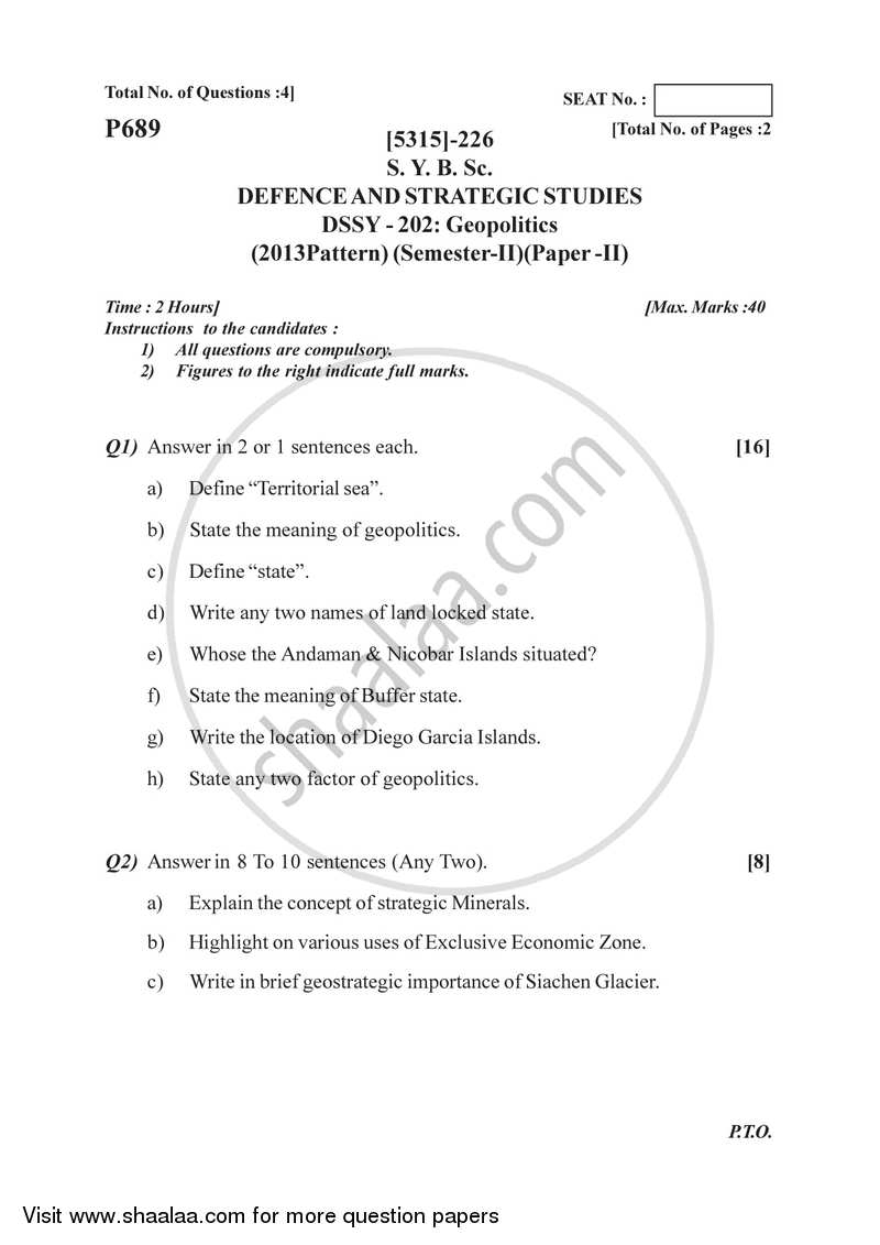 Geopolitics 2017-2018 - B.Sc. - Semester 4 (SYBSc) - University of Pune question paper with PDF download