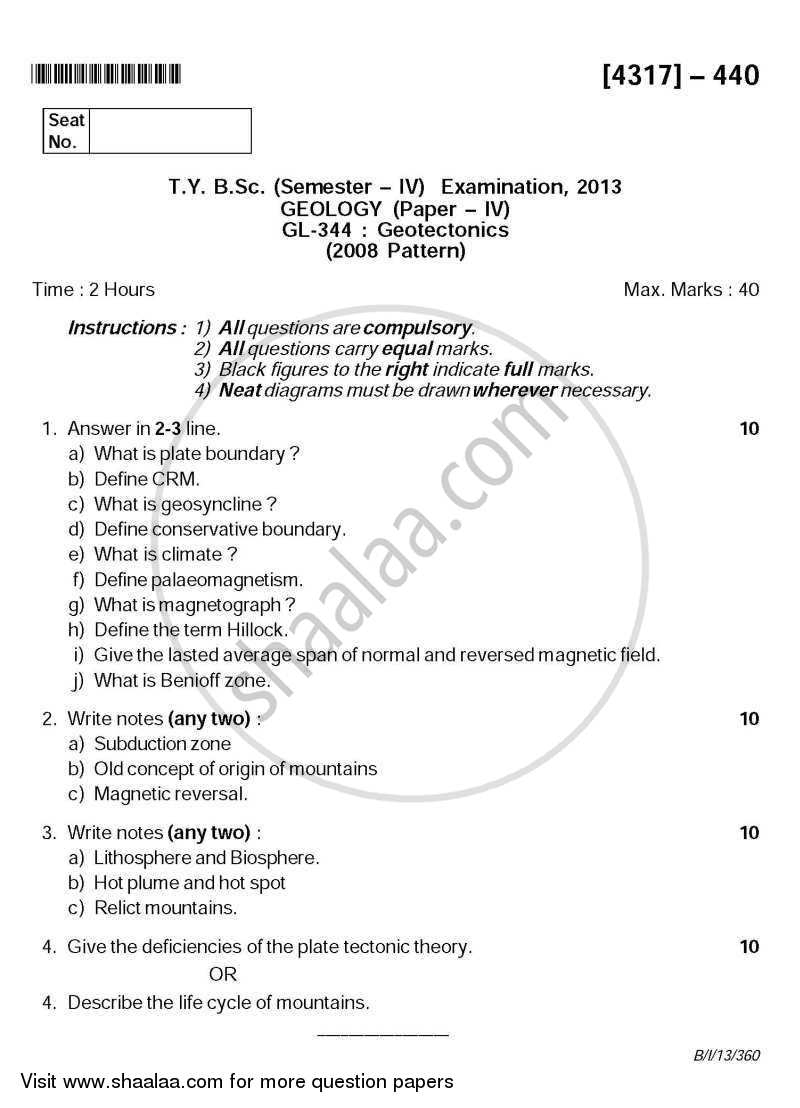 Geotectonics 2013-2014 - B.Sc. - Semester 6 (TYBSc) - University of Pune question paper with PDF download