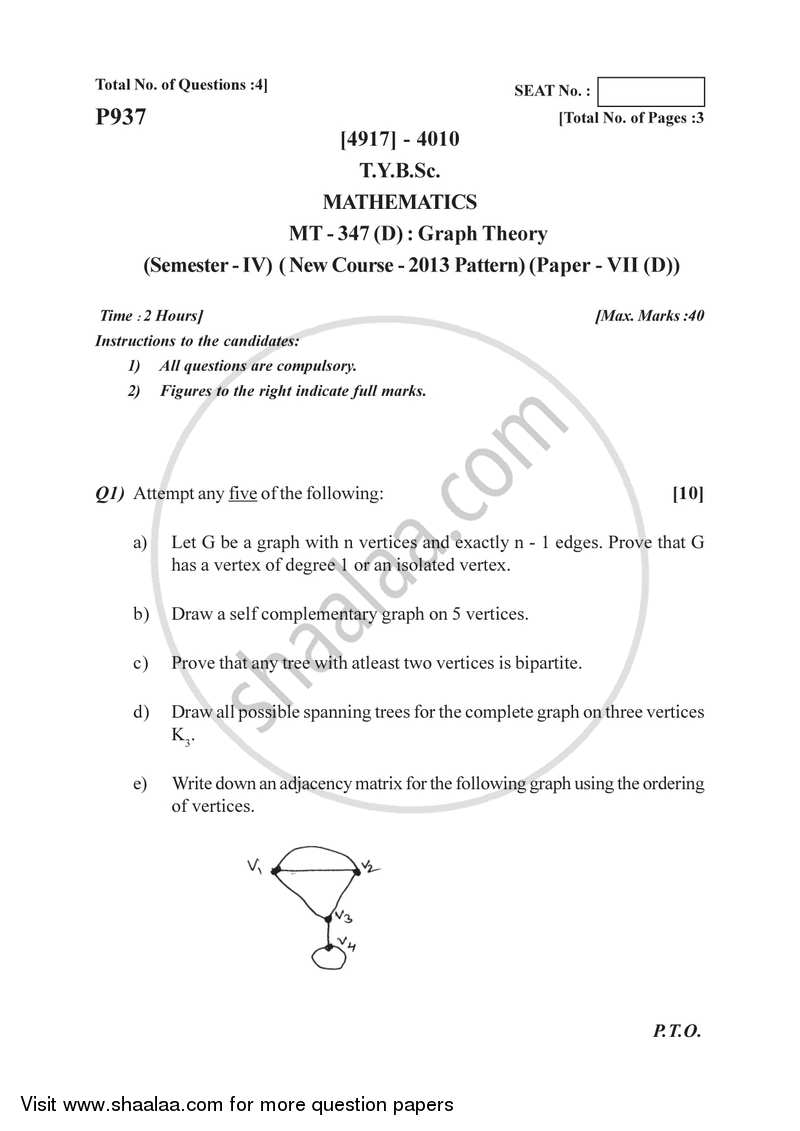 Graph Theory 2015-2016 - B.Sc. - Semester 6 (TYBSc) - University of Pune question paper with PDF download