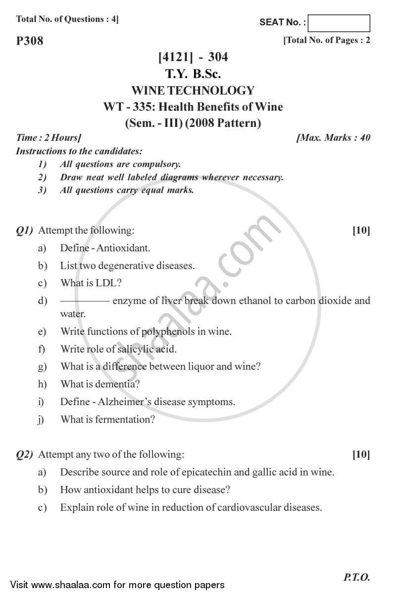 Health Benefits of Wine 2012-2013 - B.Sc. - Semester 5 (TYBSc) - University of Pune question paper with PDF download
