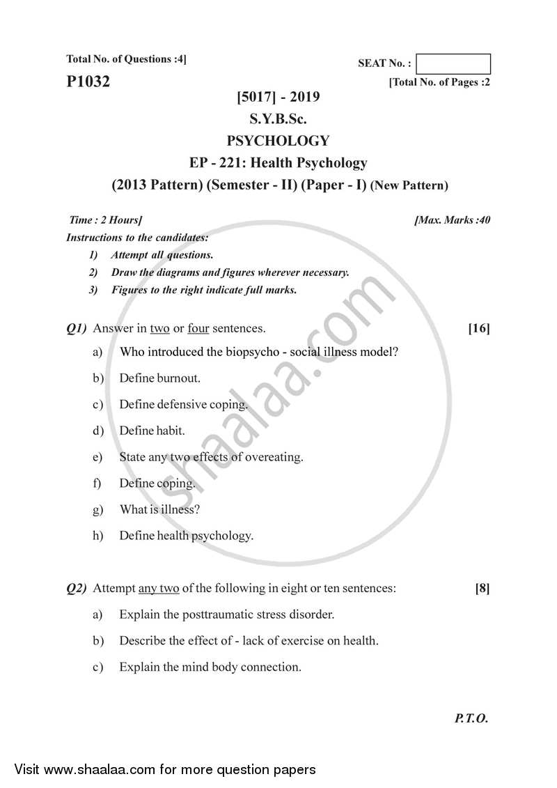 Health Psychology 2016-2017 - B.Sc. - Semester 4 (SYBSc) - University of Pune question paper with PDF download