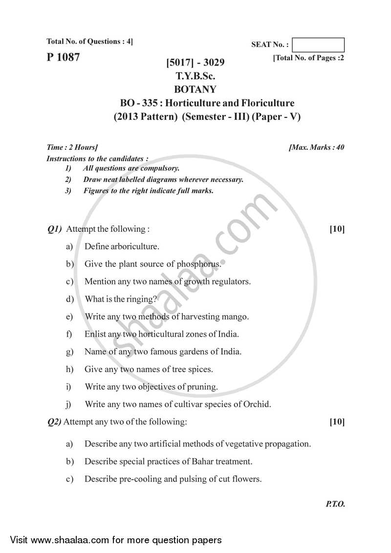 Horticulture and Floriculture 2016-2017 - B.Sc. - Semester 5 (TYBSc) - University of Pune question paper with PDF download