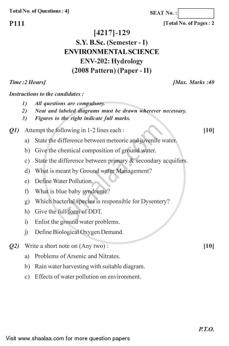 Hydrology 2012-2013 - B.Sc. - Semester 3 (SYBSc) - University of Pune question paper with PDF download