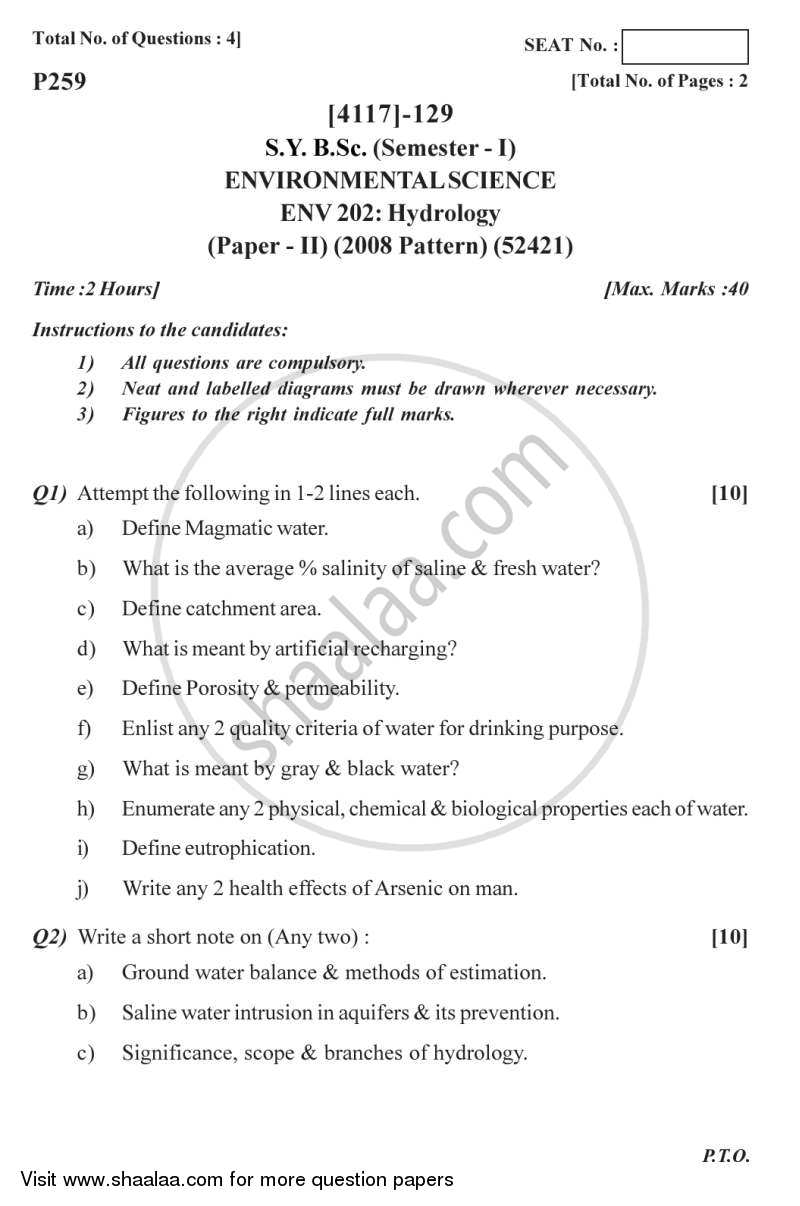 Hydrology 2012-2013 - B.Sc. - Semester 3 (SYBSc) - University of Pune question paper with PDF download