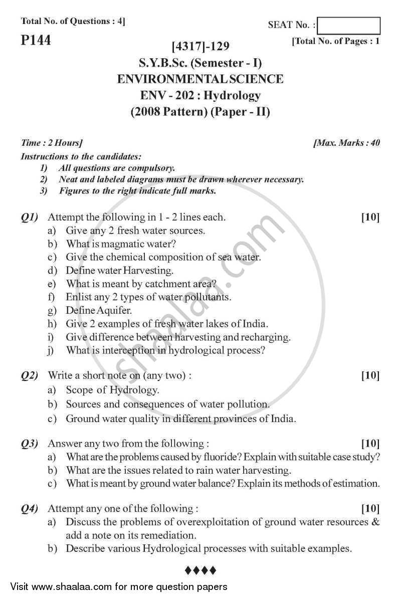 Hydrology 2013-2014 - B.Sc. - Semester 3 (SYBSc) - University of Pune question paper with PDF download