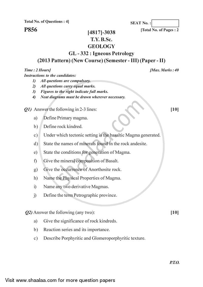 Igneous Petrology 2015-2016 - B.Sc. - Semester 5 (TYBSc) - University of Pune question paper with PDF download