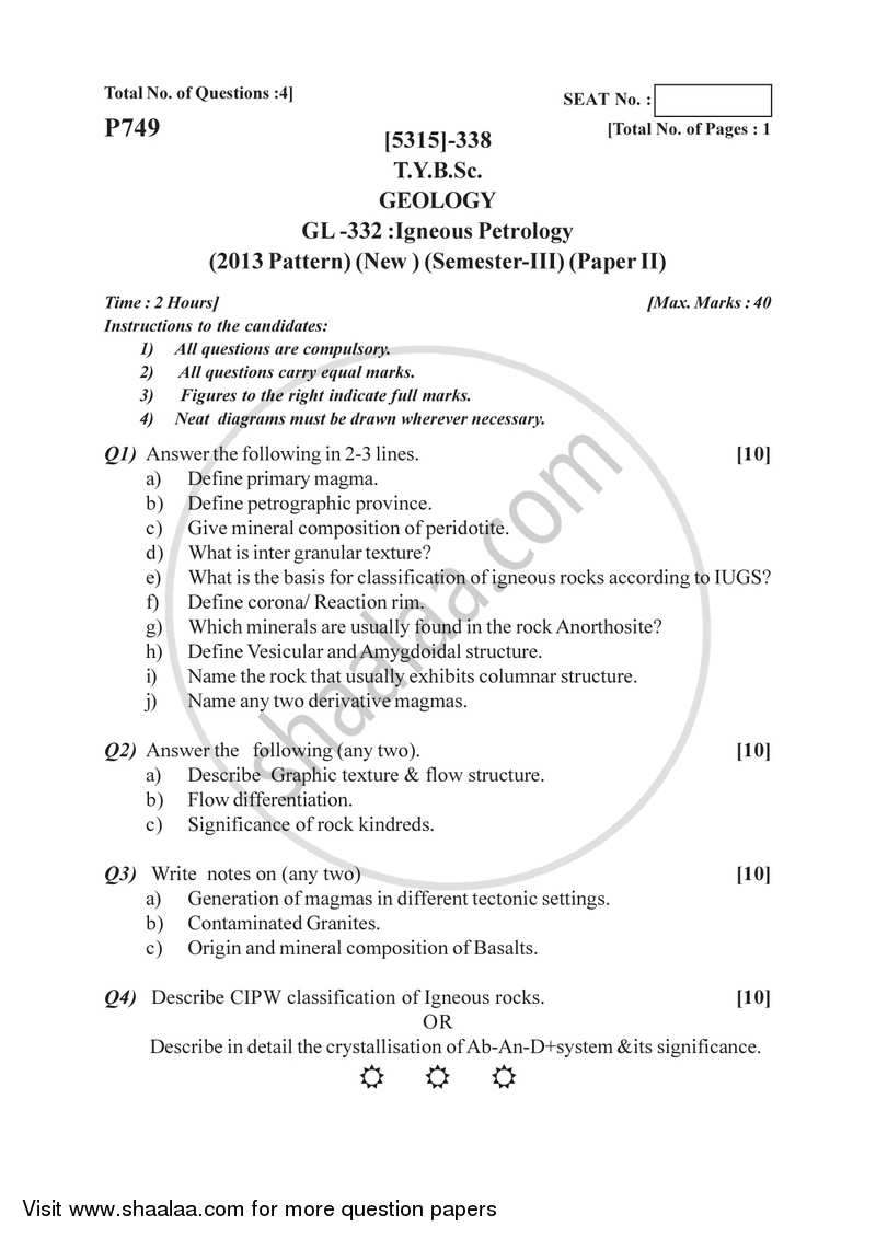 Igneous Petrology 2017-2018 - B.Sc. - Semester 5 (TYBSc) - University of Pune question paper with PDF download
