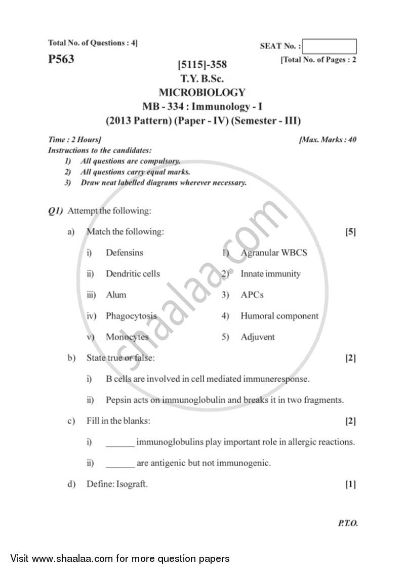 Immunology 1 2016-2017 - B.Sc. - Semester 5 (TYBSc) - University of Pune question paper with PDF download