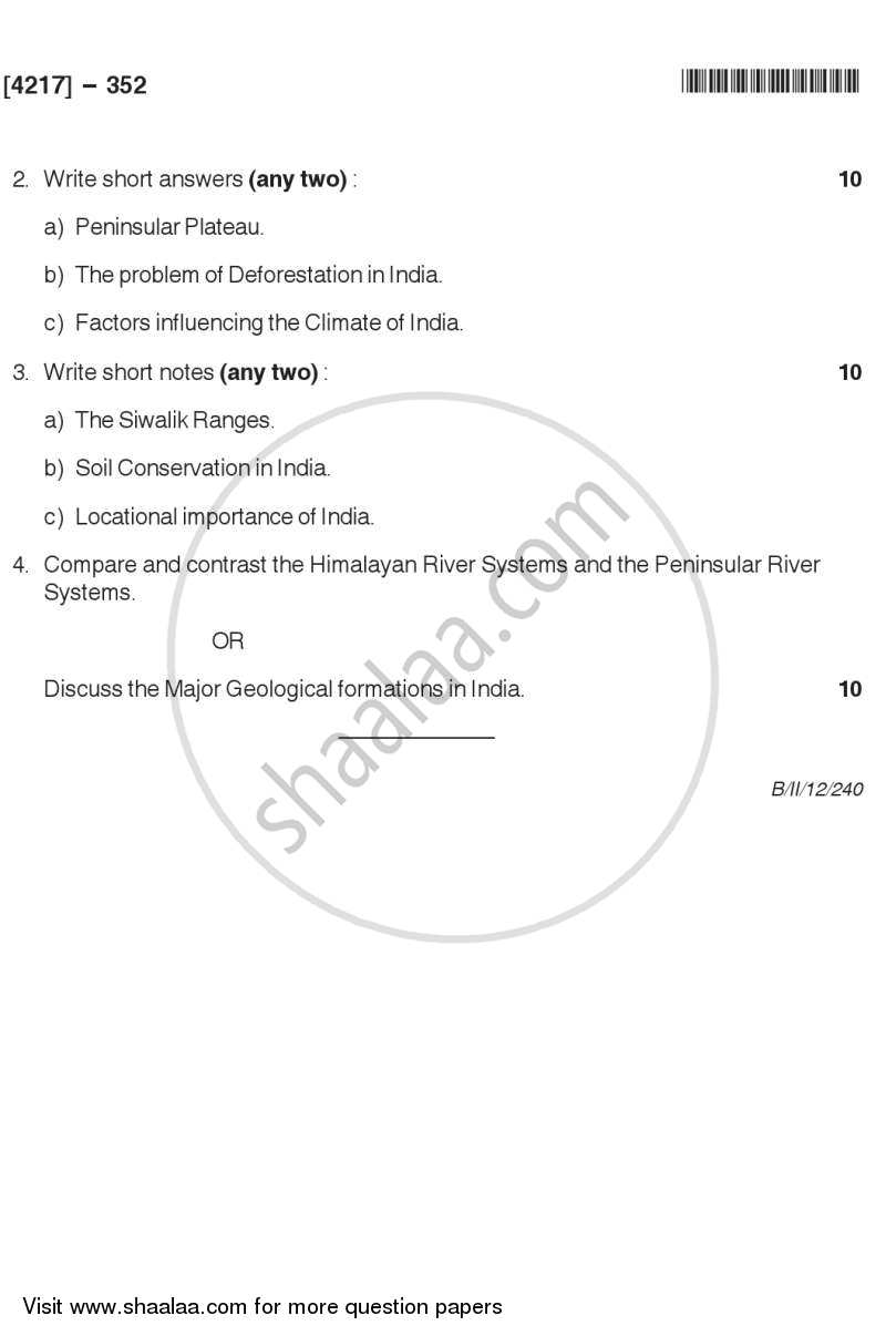 India - A Geographical Analysis 2012-2013 - B.Sc. - Semester 5 (TYBSc) - University of Pune question paper with PDF download