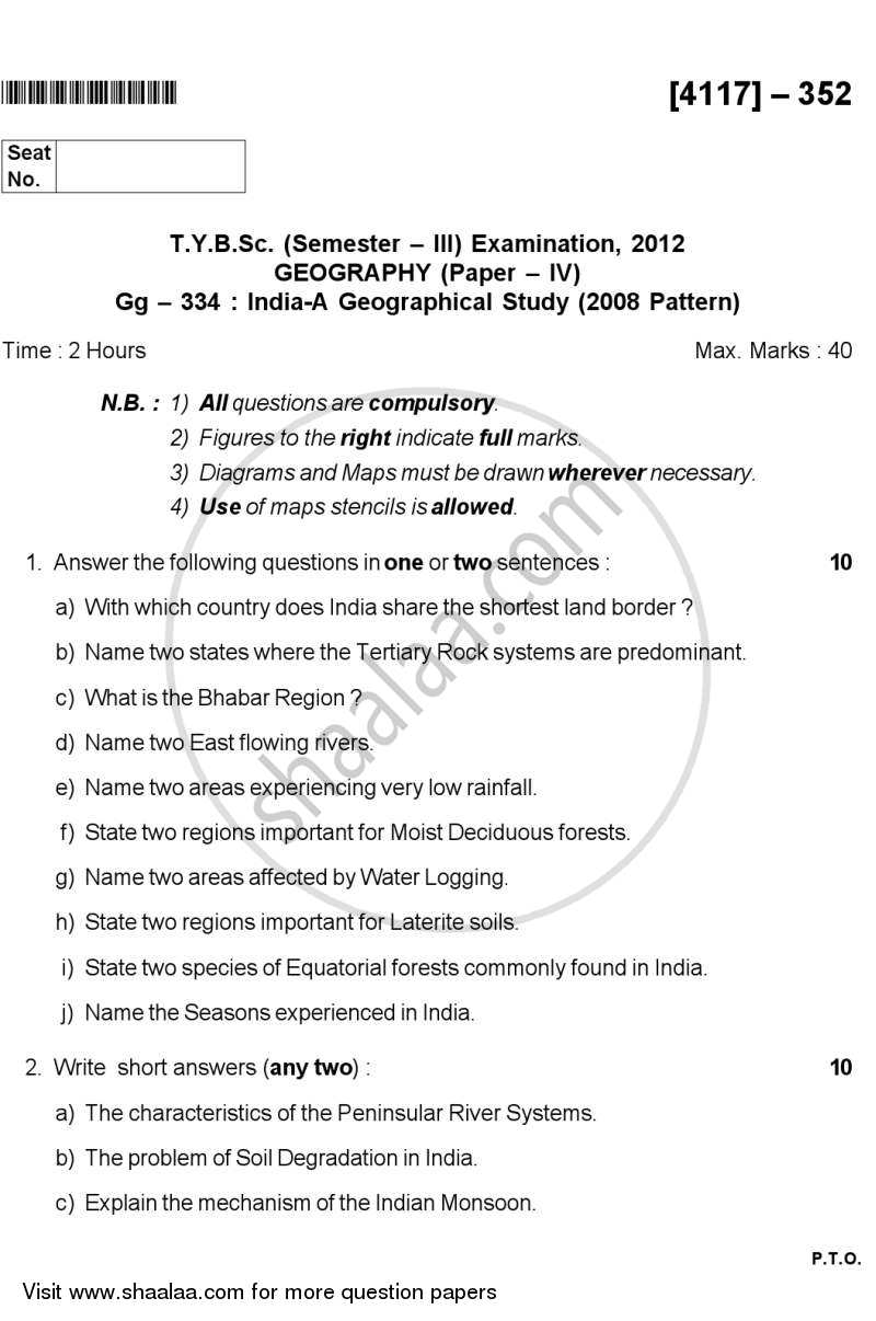 India - A Geographical Analysis 2012-2013 - B.Sc. - Semester 5 (TYBSc) - University of Pune question paper with PDF download