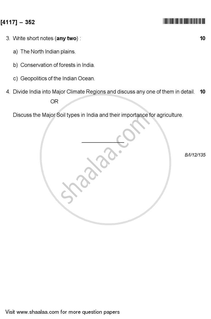 India - A Geographical Analysis 2012-2013 - B.Sc. - Semester 5 (TYBSc) - University of Pune question paper with PDF download