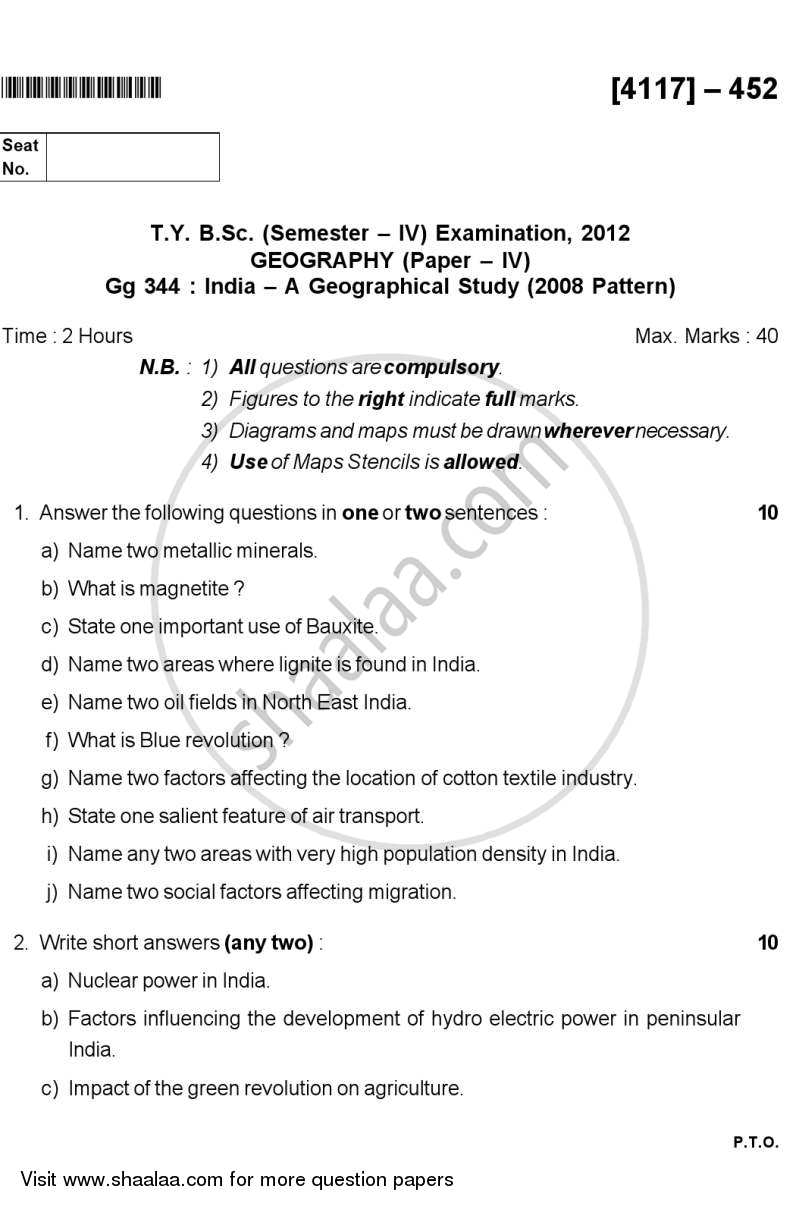 India - A Geographical Analysis 2012-2013 - B.Sc. - Semester 6 (TYBSc) - University of Pune question paper with PDF download
