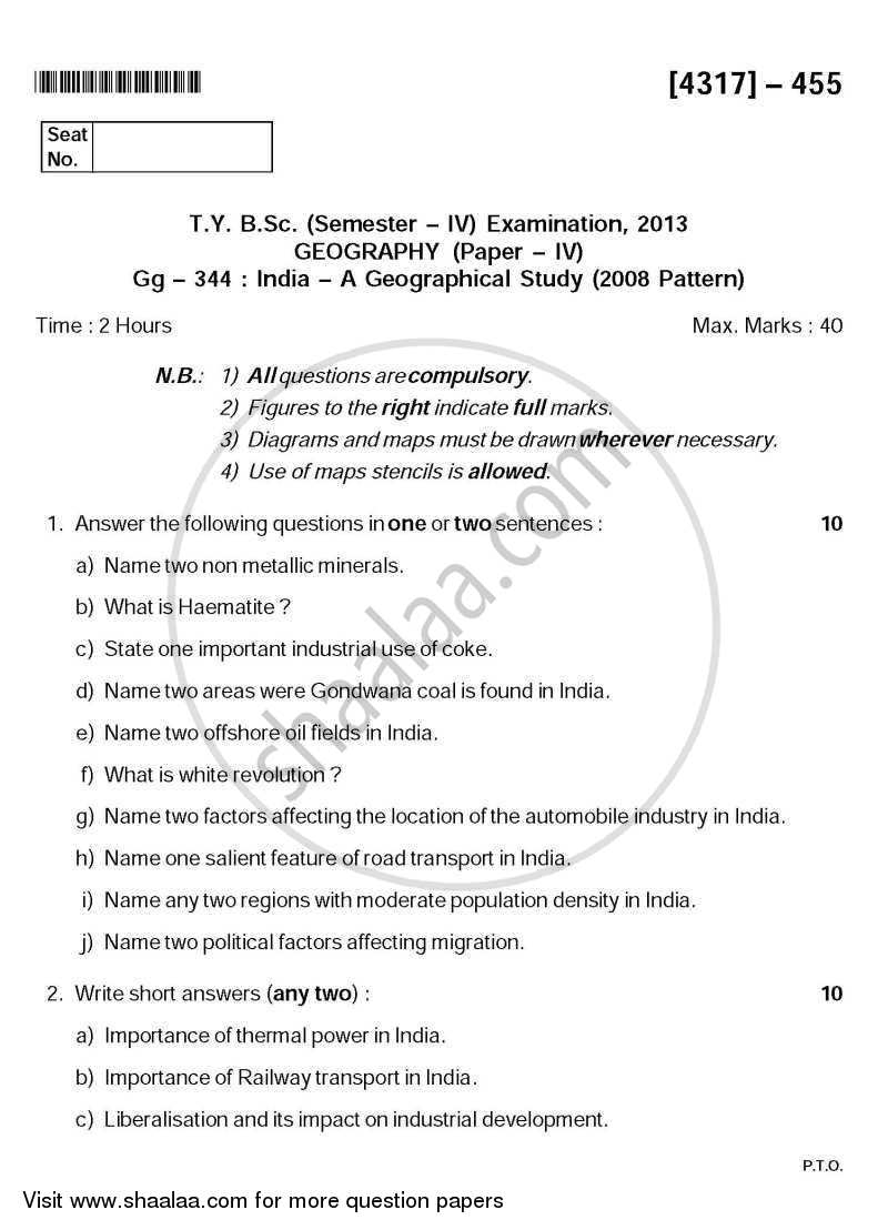 India - A Geographical Analysis 2013-2014 - B.Sc. - Semester 6 (TYBSc) - University of Pune question paper with PDF download