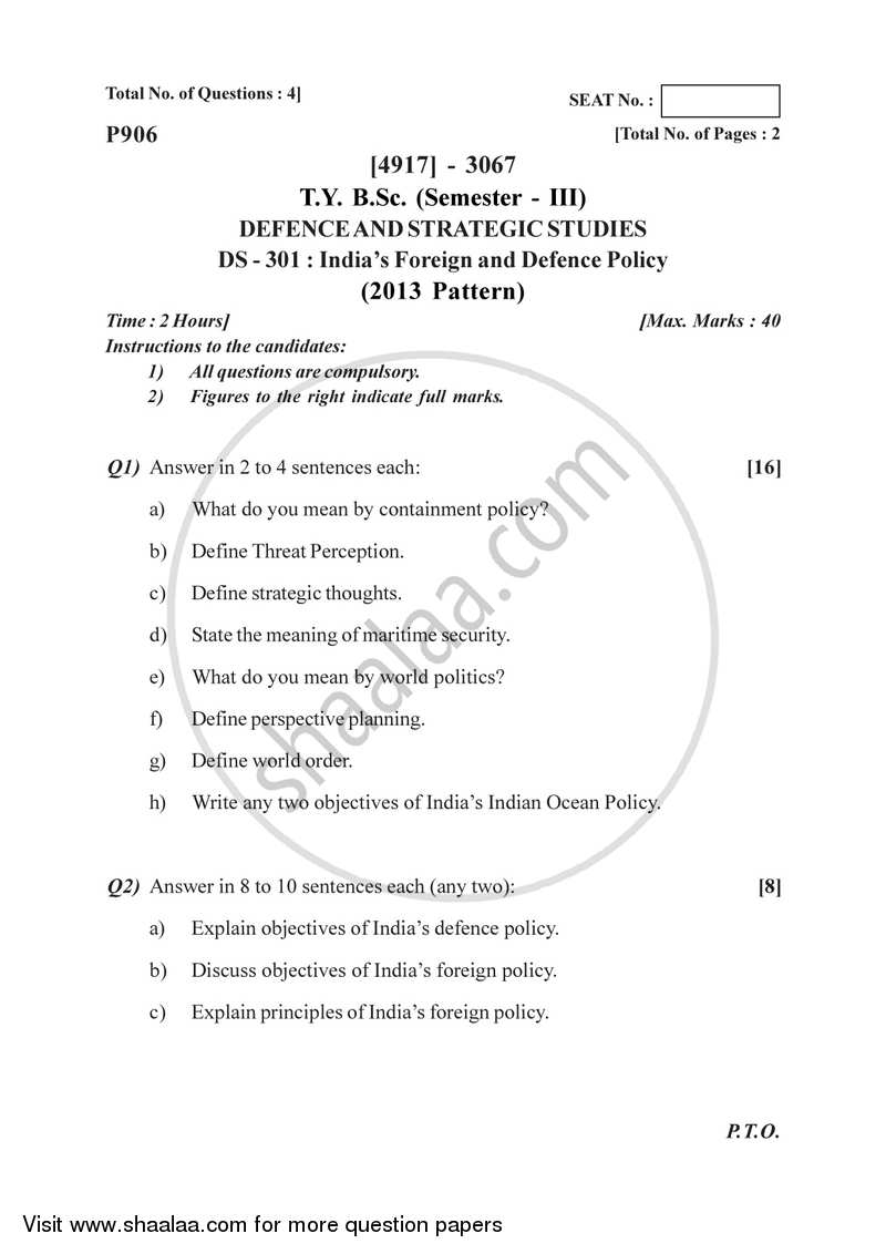 India’s Foreign and Defence Policy 2015-2016 - B.Sc. - Semester 5 (TYBSc) - University of Pune question paper with PDF download