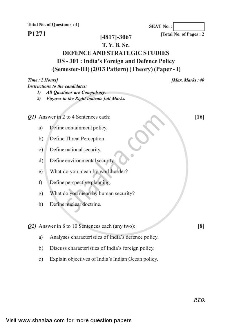 India’s Foreign and Defence Policy 2015-2016 - B.Sc. - Semester 5 (TYBSc) - University of Pune question paper with PDF download