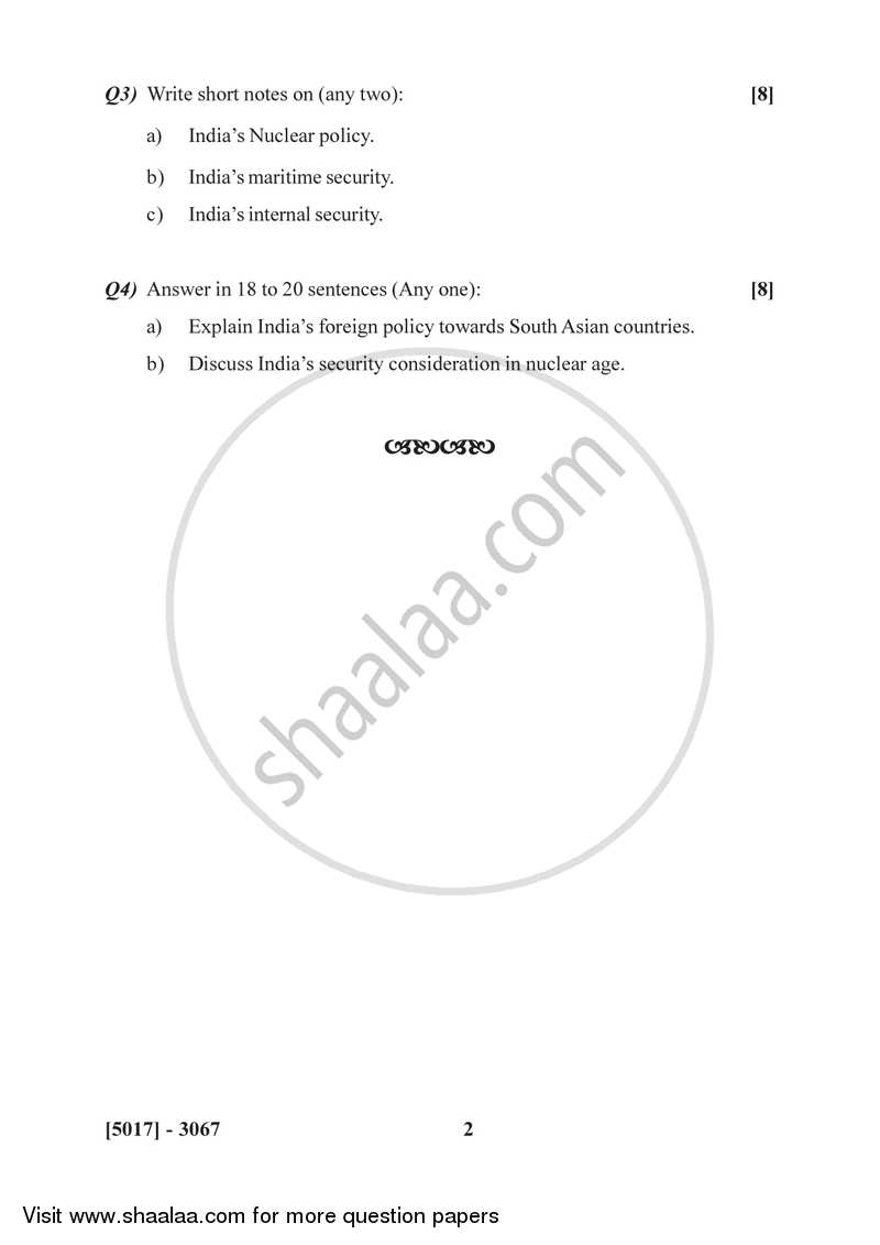 India’s Foreign and Defence Policy 2016-2017 - B.Sc. - Semester 5 (TYBSc) - University of Pune question paper with PDF download