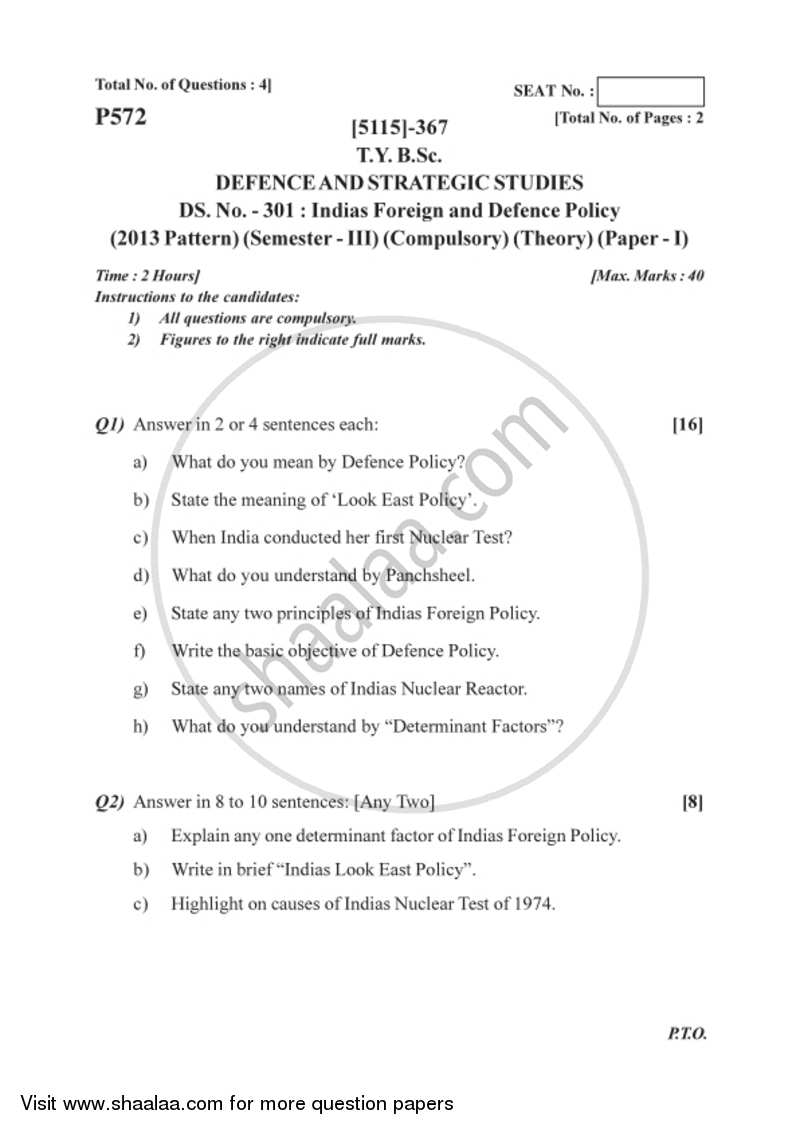 India’s Foreign and Defence Policy 2016-2017 - B.Sc. - Semester 5 (TYBSc) - University of Pune question paper with PDF download