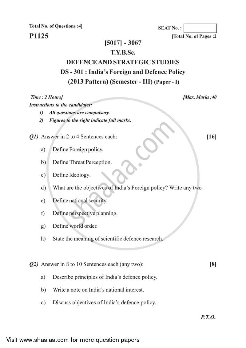 India’s Foreign and Defence Policy 2016-2017 - B.Sc. - Semester 5 (TYBSc) - University of Pune question paper with PDF download