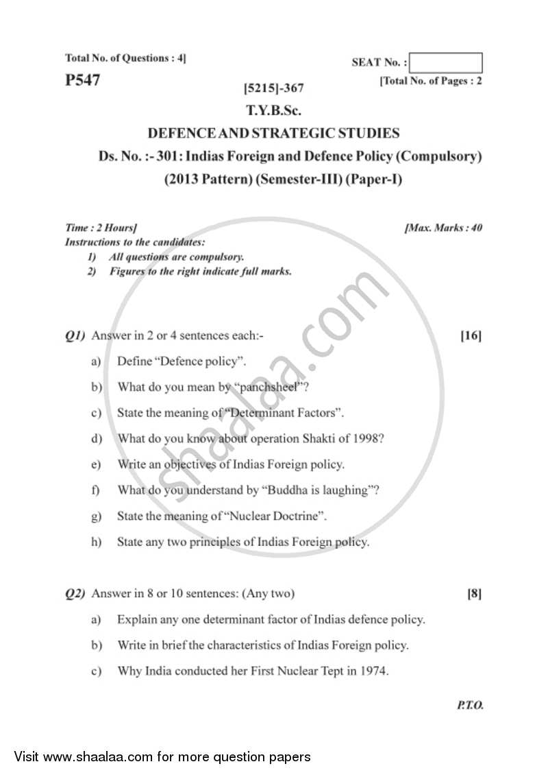 India’s Foreign and Defence Policy 2017-2018 - B.Sc. - Semester 5 (TYBSc) - University of Pune question paper with PDF download