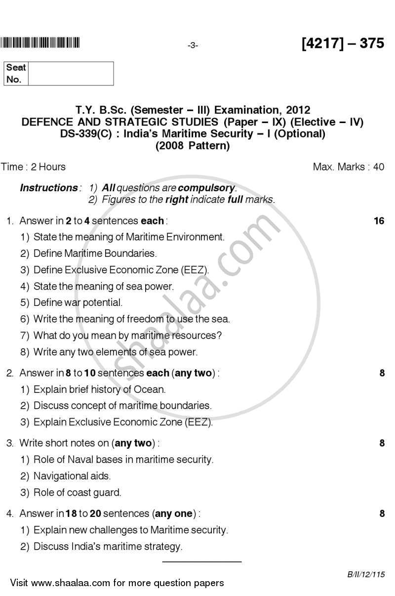India's Maritime Security 1 2012-2013 - B.Sc. - Semester 5 (TYBSc) - University of Pune question paper with PDF download