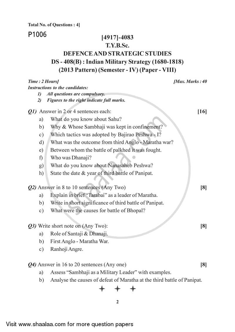 Indian Military Strategy (1680-1818) 2015-2016 - B.Sc. - Semester 6 (TYBSc) - University of Pune question paper with PDF download