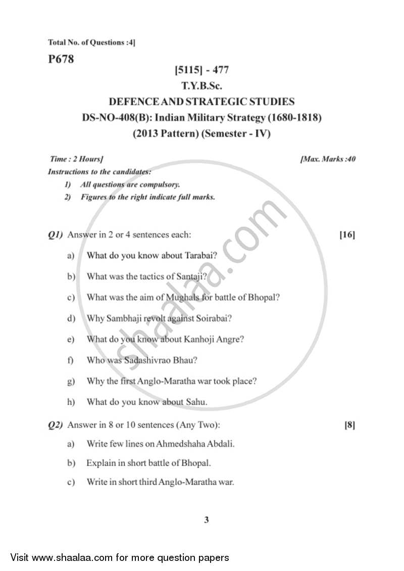 Indian Military Strategy (1680-1818) 2016-2017 - B.Sc. - Semester 6 (TYBSc) - University of Pune question paper with PDF download