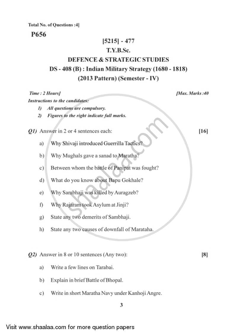 Indian Military Strategy (1680-1818) 2017-2018 - B.Sc. - Semester 6 (TYBSc) - University of Pune question paper with PDF download