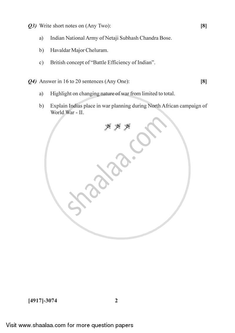 Indian Military Strategy (1857-1947) 2015-2016 - B.Sc. - Semester 5 (TYBSc) - University of Pune question paper with PDF download