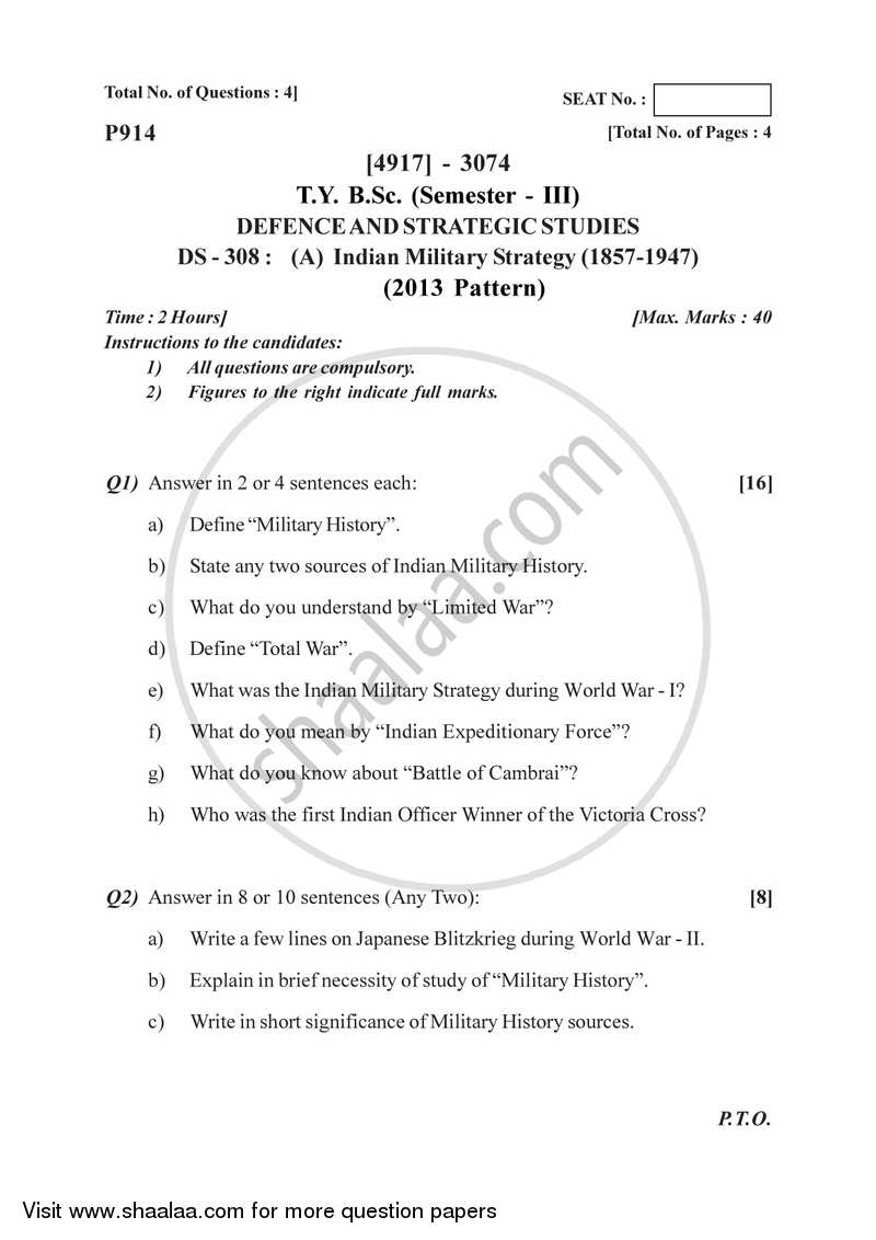 Indian Military Strategy (1857-1947) 2015-2016 - B.Sc. - Semester 5 (TYBSc) - University of Pune question paper with PDF download