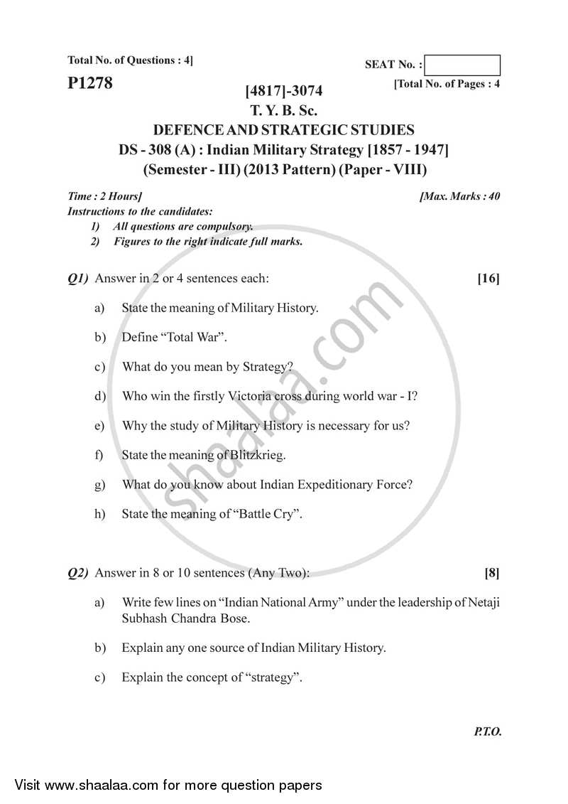 Indian Military Strategy (1857-1947) 2015-2016 - B.Sc. - Semester 5 (TYBSc) - University of Pune question paper with PDF download