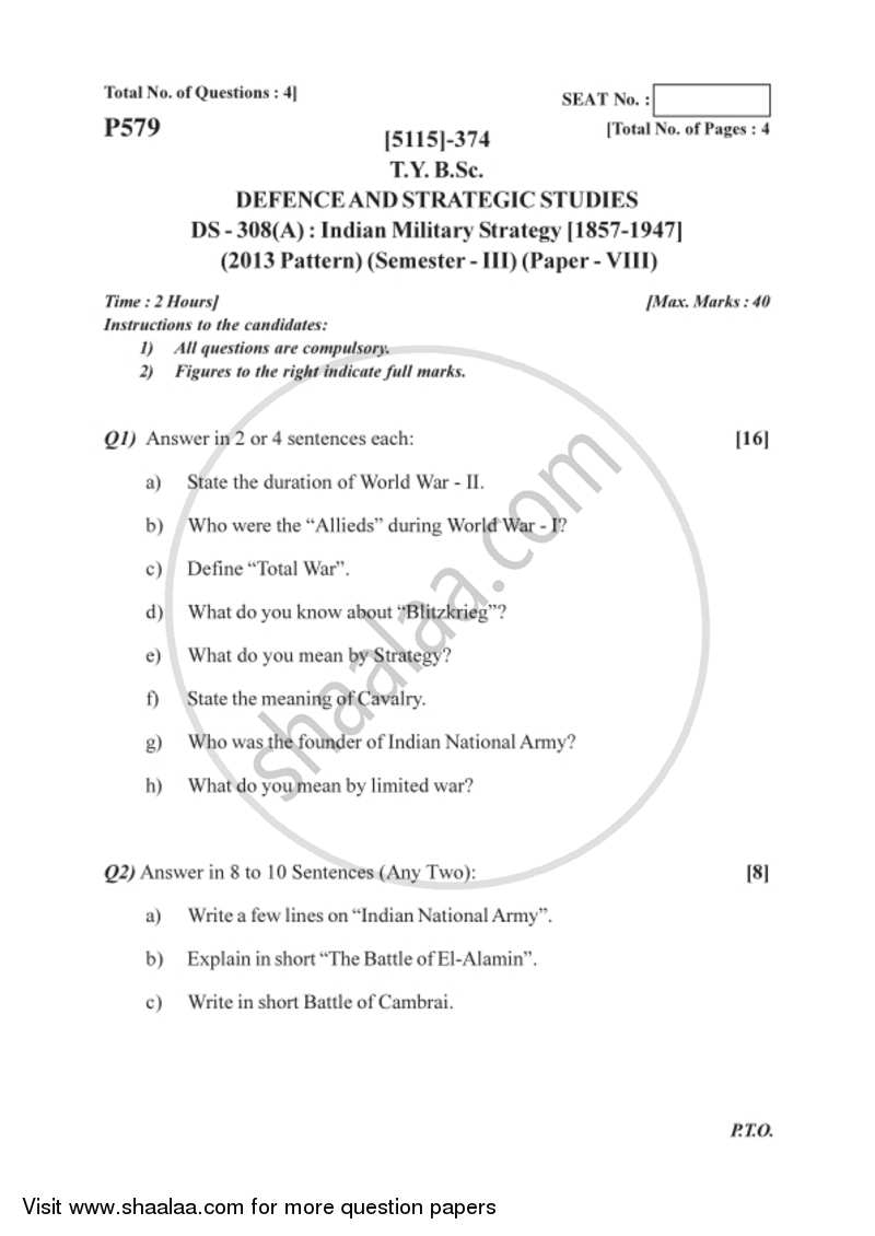 Indian Military Strategy (1857-1947) 2016-2017 - B.Sc. - Semester 5 (TYBSc) - University of Pune question paper with PDF download