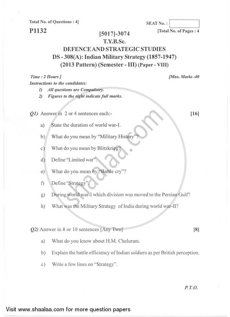 Indian Military Strategy (1857-1947) 2016-2017 - B.Sc. - Semester 5 (TYBSc) - University of Pune question paper with PDF download