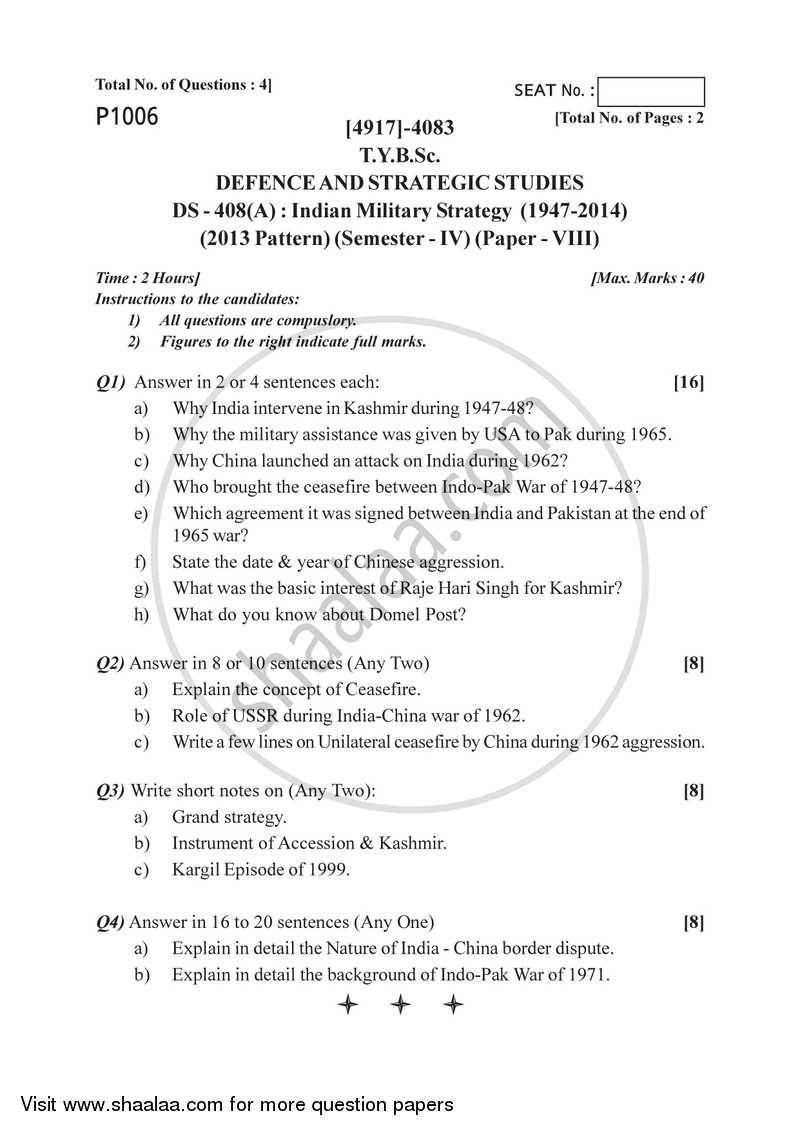 Indian Military Strategy (1947-2014) 2015-2016 - B.Sc. - Semester 6 (TYBSc) - University of Pune question paper with PDF download