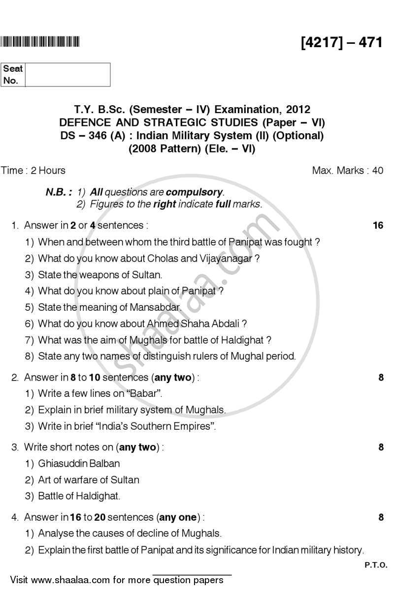 Indian Military System 2 2012-2013 - B.Sc. - Semester 6 (TYBSc) - University of Pune question paper with PDF download