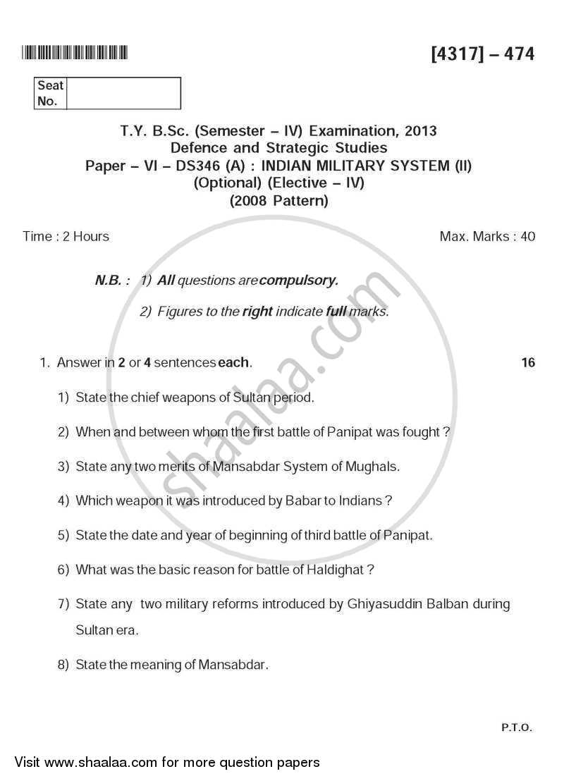 Indian Military System 2 2013-2014 - B.Sc. - Semester 6 (TYBSc) - University of Pune question paper with PDF download
