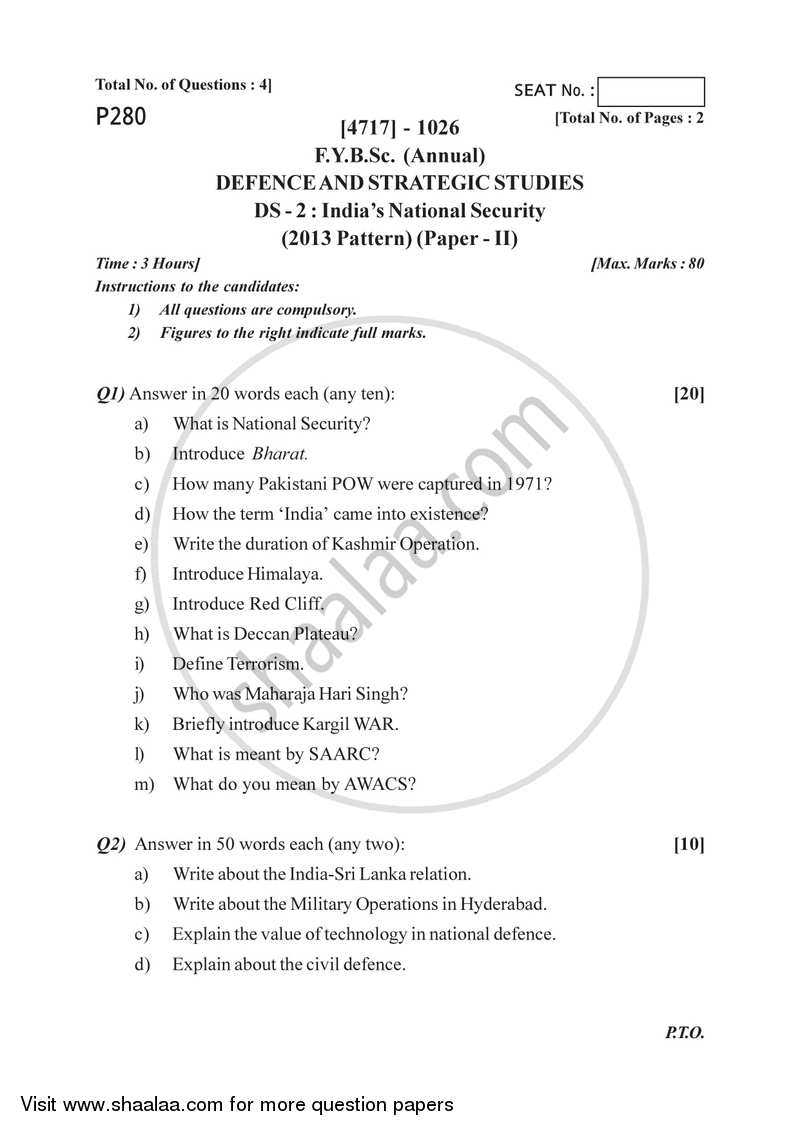 India's National Security 2014-2015 - B.Sc. - Semester 2 (FYBSc) - University of Pune question paper with PDF download