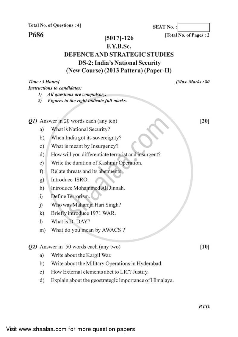 India's National Security 2016-2017 - B.Sc. - Semester 2 (FYBSc) - University of Pune question paper with PDF download