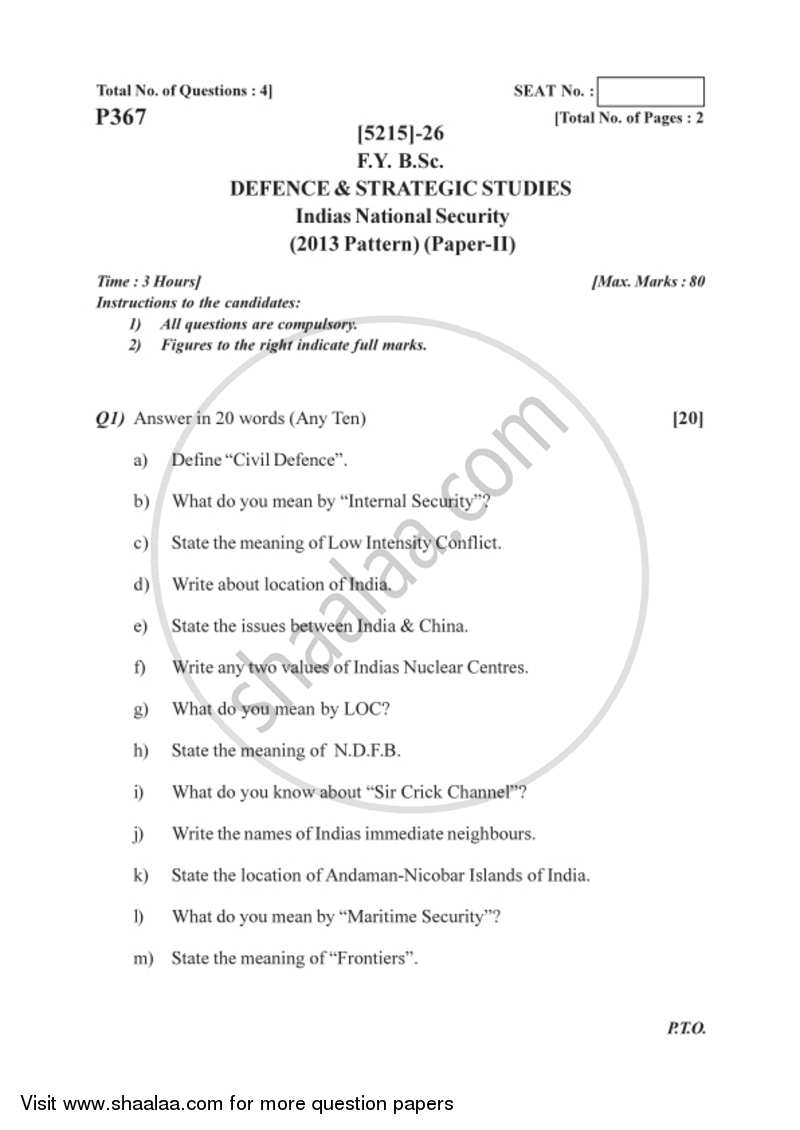 India's National Security 2017-2018 - B.Sc. - Semester 2 (FYBSc) - University of Pune question paper with PDF download