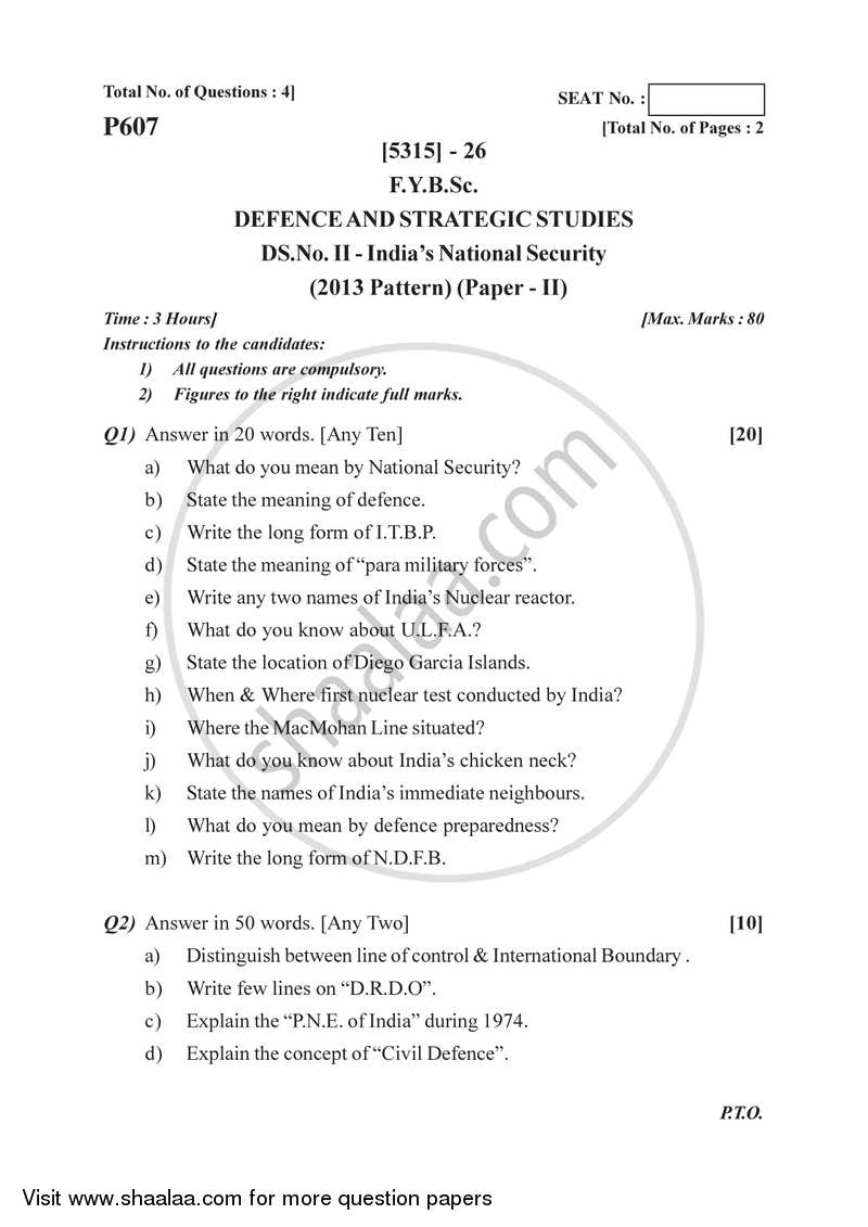 India's National Security 2017-2018 - B.Sc. - Semester 2 (FYBSc) - University of Pune question paper with PDF download