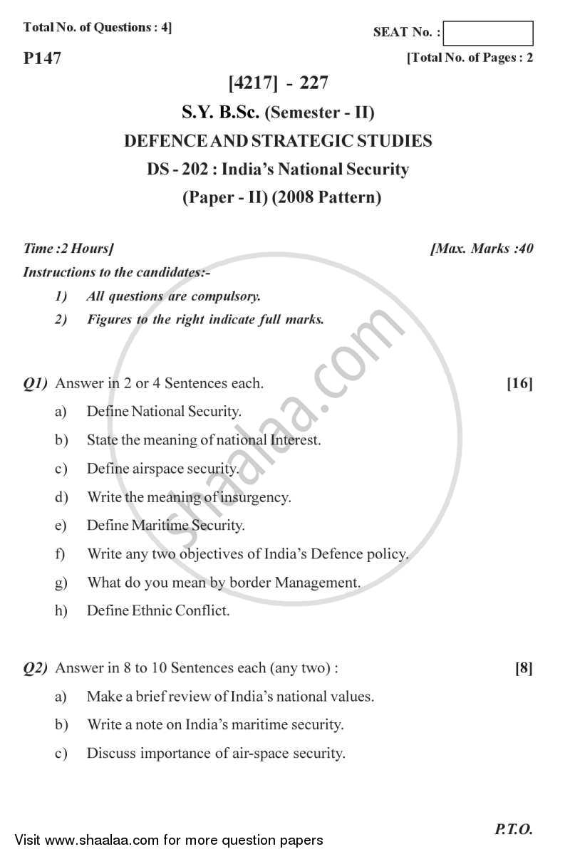 India's National Security 2012-2013 - B.Sc. - Semester 4 (SYBSc) - University of Pune question paper with PDF download