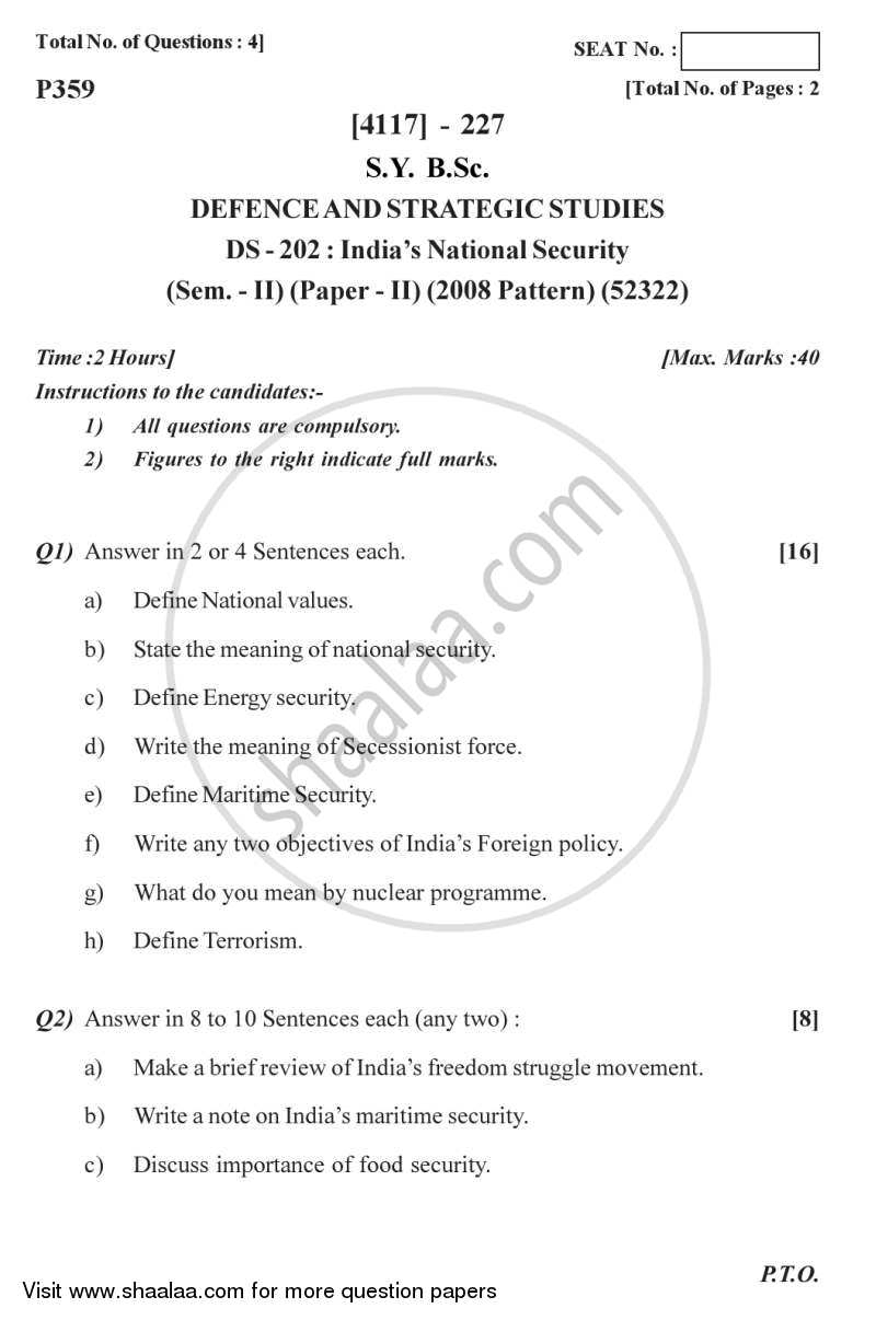 India's National Security 2012-2013 - B.Sc. - Semester 4 (SYBSc) - University of Pune question paper with PDF download