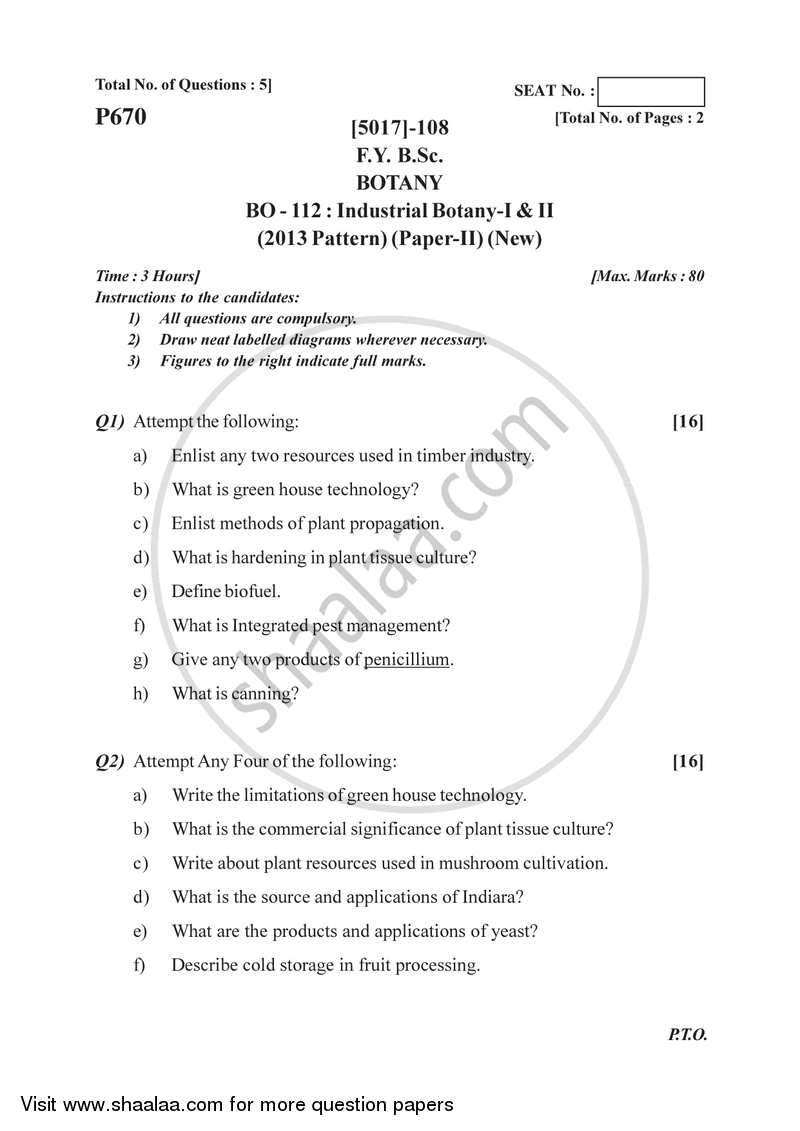 Industrial Botany 2016-2017 - B.Sc. - Semester 2 (FYBSc) - University of Pune question paper with PDF download