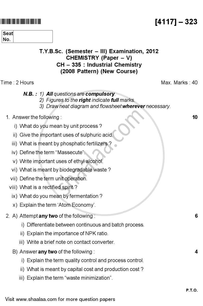 Industrial Chemistry 2012-2013 - B.Sc. - Semester 5 (TYBSc) - University of Pune question paper with PDF download