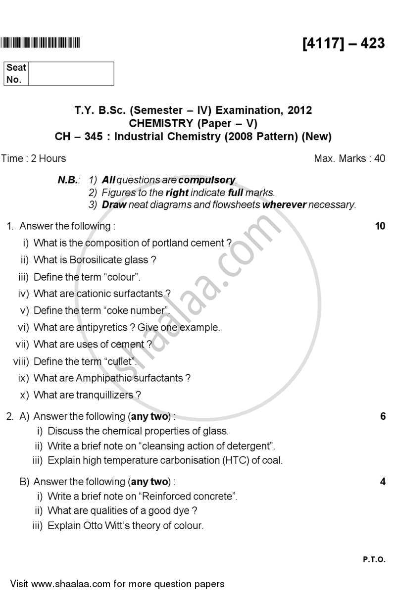 Industrial Chemistry 2012-2013 - B.Sc. - Semester 6 (TYBSc) - University of Pune question paper with PDF download