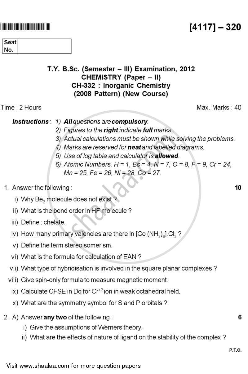 Inorganic Chemistry 2012-2013 - B.Sc. - Semester 5 (TYBSc) - University of Pune question paper with PDF download