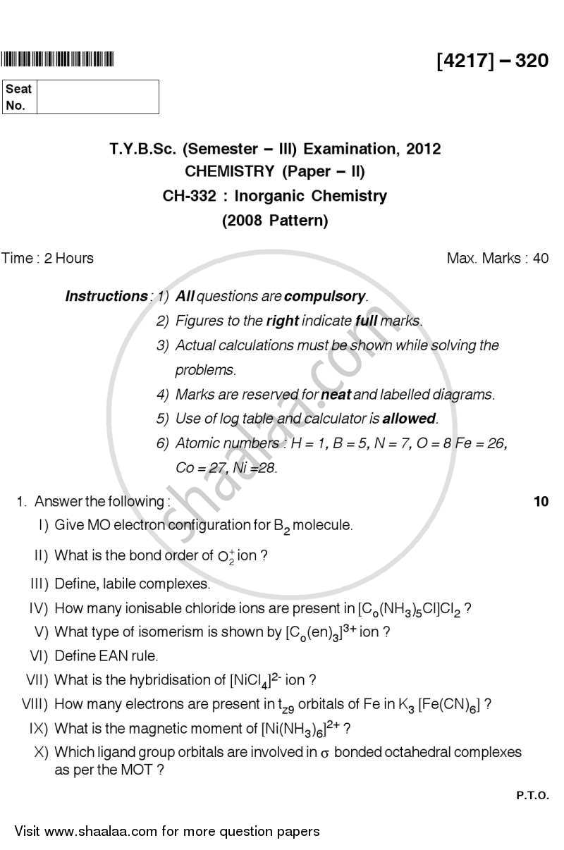 Inorganic Chemistry 2012-2013 - B.Sc. - Semester 5 (TYBSc) - University of Pune question paper with PDF download