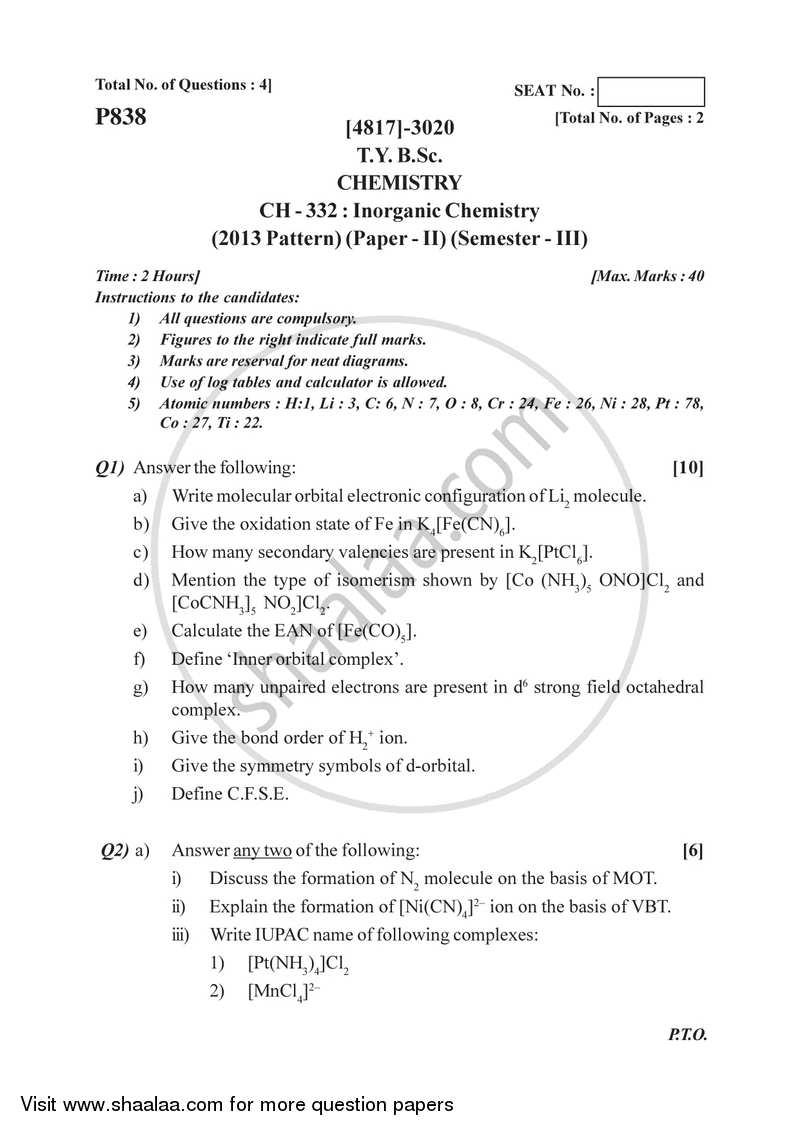 Inorganic Chemistry 2015-2016 - B.Sc. - Semester 5 (TYBSc) - University of Pune question paper with PDF download